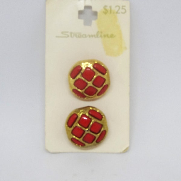 2 Gold and Red Buttons on Original Card by Streamline, 7/8 In. Each, Filigree, From 1970s, Shank Style, Home Sewing Dress Making Replacement