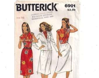 Butterick 6991 Pattern for Misses' Jacket, Blouse, Skirt, Rena Rowan of Jones New York, Size 16, FACTORY FOLDED, UNCUT, From 1980s, Fashion