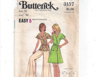 Butterick Pattern 3157 for Misses' Dress, Top, Pants, Belt, Size 12 From 1970s, 5 Main Pieces, Easy Sewing, WIDE Pant Legs, Home Fashion Sew