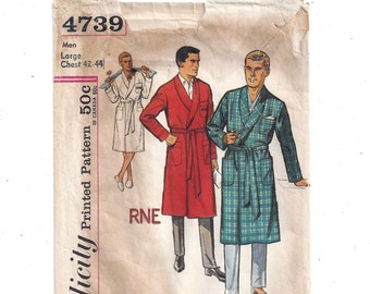 Simplicity 4739 Pattern for Men's Robe, Size Large 42-44, From 1950s, Wrap Front, Patch Pockets, Vintage Home Sewing, Mid Century Fashion
