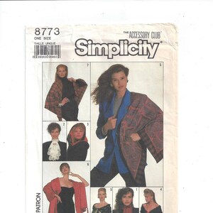 Simplicity 8773 Pattern for Misses' Shawls, Scarves, Hood, 1 Size, 1988, FACTORY FOLDED, UNCUT, Accessory Club, Vintage Pattern, Home Sewing