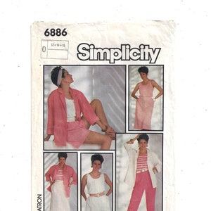 May include: Simplicity sewing pattern number 6886 for sizes 12-14-16. The pattern includes four different outfits: a pink jacket and shorts, a white tank top and shorts, a pink pantsuit, and a pink dress.