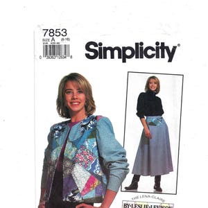 Może przedstawiać: Wzór szycia Simplicity numer 7853 na kurtkę i spódnicę. Kurtka jest niebieska z patchworkowym wzorem, a spódnica jest niebieska z pasem. Wzór jest autorstwa Leslie Levison.