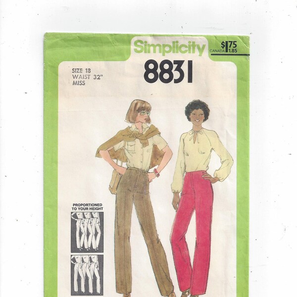 Simplicity 8831 Pattern for Misses' Proportioned Pants, Plus Size 18, From 1978, FACTORY Folded, Uncut, Home Sewing