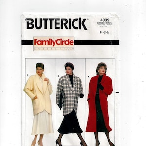 May include: A sewing pattern from the Family Circle Collection by Butterick, pattern number 4039, for sizes P-S-M. The pattern includes three different styles of coats: a white coat with a collar, a plaid coat with a collar, and a red coat with a collar.