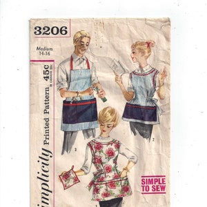 May include: Simplicity Printed Pattern 3206, size Medium 14-16, 45c.  A vintage sewing pattern for three aprons.  One apron is blue and white striped with a blue pocket, another is blue and white striped with a blue and white trim, and the third is white with a floral print.  The pattern includes instructions for making a matching pot holder.