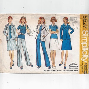 May include: A vintage sewing pattern for a women's outfit. The pattern includes a blazer, skirt, pants, and a top. The pattern is for stretch knits only. The pattern is from Simplicity and is size 12, bust 34 inches, waist 26 1/2 inches.