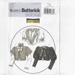 Op de afbeelding: Een vintage naaipatroon voor een damesjas. Het patroon is voor maten 6-8-10-12 en is van het merk Butterick. Het patroon is voor een jas met een kantversiering en een strik aan de hals. Het patroon heet "History" en is van Rachel Wallis.