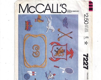 McCall's 7227 Pattern for Embroidery Transfers, Alphabet, Golf, Tennis, Skiing, Bowling, Cowboy Boots, Fish, Horse, Vintage Home Sewing