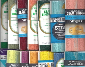 1960s to 1990s Package Stretch Lace Seam Binding, Nylon, 3 Yard Pkg, Several Colors, 3/4 Inch Wide, Home Sewing Notions Trim, Upcycle Trim