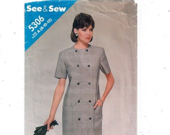 See & Sew Butterick 5306 Pattern for Misses' Chemise Dress, Size 8-10-12, From 1980s, FACTORY FOLDED, Uncut, Home Sewing