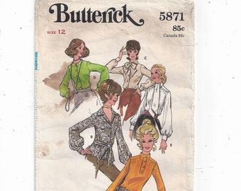 Butterick 5871 Pattern for Misses' Blouses in 5 Styles, Size 12, From 1970s, Home Sewing Fashion,