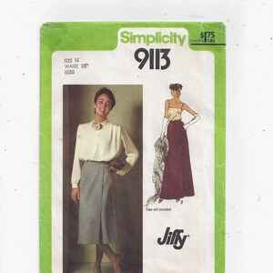 May include: Simplicity sewing pattern number 9113 for a skirt. The pattern is for a size 14 with a 28 inch waist. The pattern shows two models wearing the skirt. One model is wearing a white blouse and a gray skirt. The other model is wearing a burgundy skirt with a white top. The pattern is labeled "Jiffy" and has a price of $1.75.