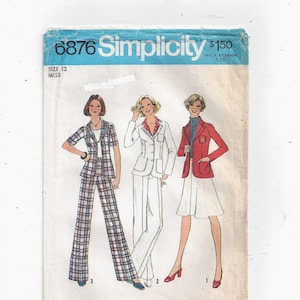 May include: Simplicity sewing pattern number 6876 for a miss size 12. The pattern includes three different outfits: a plaid pantsuit, a white pantsuit, and a red jacket with a white skirt. The pattern is priced at $1.50.