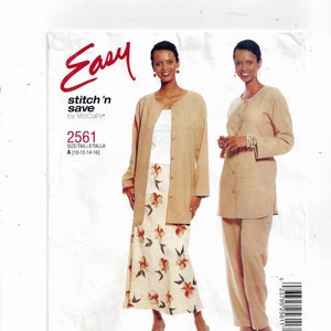 May include: A sewing pattern for a two-piece outfit. The pattern is for sizes 10-12-14-16. The outfit includes a long-sleeved jacket and a skirt or pants. The jacket is a light brown color and has a button-up front. The skirt is a cream color with a floral print. The pants are a light brown color. The pattern is called "Easy stitch 'n save by McCall's" and the pattern number is 2561.
