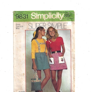 Simplicity 9831 Mönster för Misses minikjol och väska, storlek liten 8-10, från 1971, superenkel, vintage heminredning