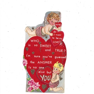 Valentijnskaart schooljaren 1950 met glitter, niet-gesigneerd, vintage groet, engelen en harten, één kant, kortstondig papier, upcycle cadeauvoorraad