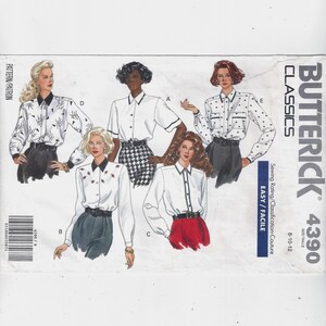 Puede incluir: Un patrón de costura para cinco blusas diferentes. El patrón es de Butterick Classics y es de talla 8-10-12. El patrón está etiquetado como "Fácil/Facile".