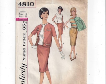 Wykrój Simplicity 4810 na spódnicę, bluzkę i kurtkę dla juniorów, rozmiar 13, początek lat 60. XX wieku, połowa wieku, moda vintage