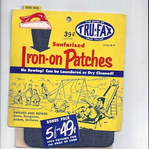May include: A package of dark blue iron-on patches for mending clothes. The package features a cartoon illustration of children playing on a jungle gym and a slide. The text on the package reads "Tru-Fax Sanforized Iron-on Patches" and "No Sewing! Can be Laundered or Dry Cleaned!"  The package also includes a bonus pack offer: "5 for 49 cents - Five Patches for the Price of Four."