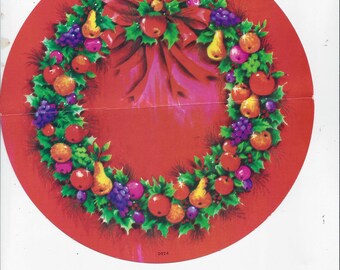Carte de voeux de Noël ronde couronne unique, vintage des années 1960, signée, carte de vœux, éphémère, album de coupures de produits en papier recyclé, 8 pouces de diamètre