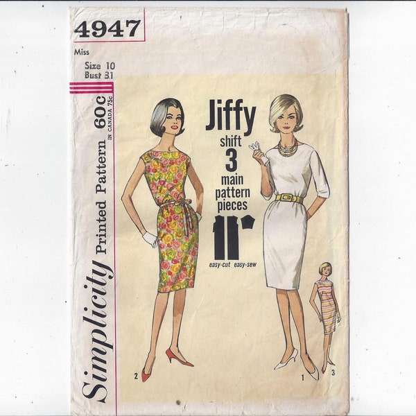 Simplicity 4947 Pattern for Misses' Jiffy Shift Dress, Size 10, From 1950s, 3 Main Pattern Pieces, Easy Cut Easy Sew, Home Sewing