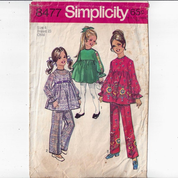 Simplicity 8477 Pattern for Child's Dress, Top, Pants, Size 4, From 1969, Home Sewing Fashion