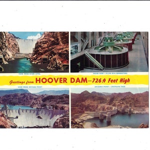 Carte postale des années 1960 du barrage Hoover, Nevada, Arizona, fleuve Colorado, 4 vues, carte surdimensionnée, 8,75 x 5,5 pouces, non postée, souvenir de voyage