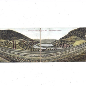 1909 Set di 2 cartoline della famosa curva a ferro di cavallo, Allegheny Mountains, Pennsylvania Railroad, 1 Posted, 1 Unposted, Vista panoramica