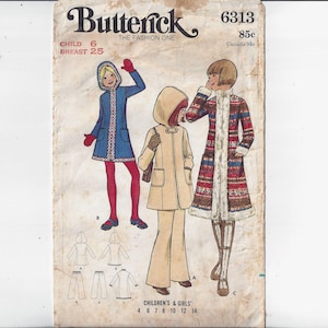 Butterick 6313 for Child&#39;s Coat with Option for Hood, Pants, Size 6, From 1970s, Home Sewing Fashion, Winter Wear, Upcycle Supply