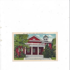 1ère carte postale en lin d'église baptiste, Wilkesboro, Caroline du Nord, non postée, souvenir de voyage vintage, éphémères upcycle, années 40, thème religieux