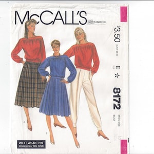 May include: A sewing pattern for a women's blouse and skirt. The pattern is from McCall's and is for size 10. The pattern is for a blouse with a gathered neckline and a skirt with pleats. The pattern is for a size 32 bust.