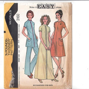 May include: A vintage sewing pattern for a dress with three different styles. The pattern is for sizes 12-34 bust and is recommended for knits. The pattern is called "A Pounds-Thinner Pattern" and is from McCall's. The text "Make it EASY please" is at the top of the pattern.