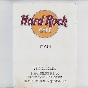 1993 Menú de bebidas Hard Rock Cafe Maui, 8,25 x 6 pulgadas, artículos de bar, recuerdo de viaje, coleccionable, papel reciclado, historia en la parte posterior