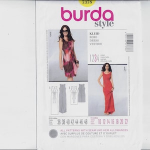 May include: Burda Style sewing pattern #7378 for a dress. The pattern includes two different styles: a short dress with a floral print and a long dress in a solid color. The pattern includes seam and hem allowances. The sizes are 36-48 for the short dress and 10-22 for the long dress.