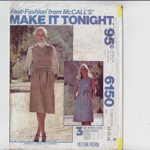 Puede incluir: Un patrón de costura vintage de McCall's para un vestido o un jersey para mujer. El patrón es para las tallas 12-14-16 y forma parte de la serie de patrones de talla 3. El patrón se titula "Fast-Fashion from McCall's' Make It Tonight." y cuesta 95 céntimos.