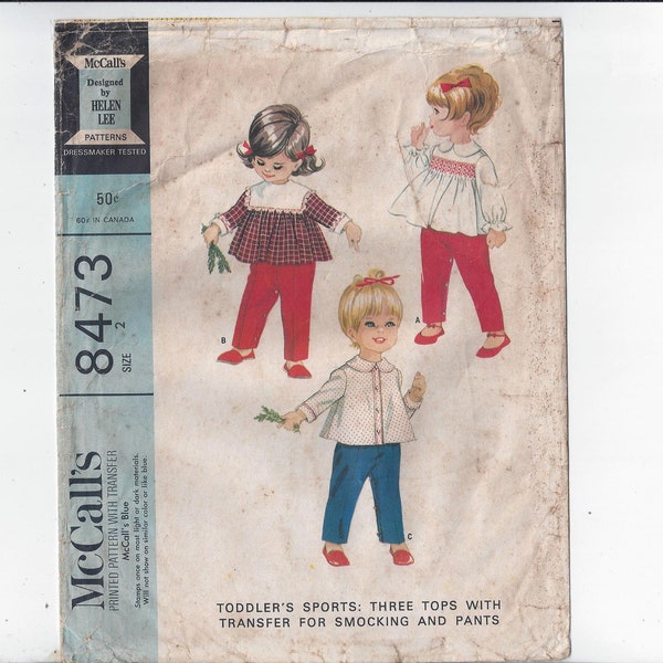 McCall's 8473 Pattern for Toddlers' Tops with Smocking Transfer & Pants, Size 2, Size 12, From 1968, Home Fashion Sewing, Helen Lee Design