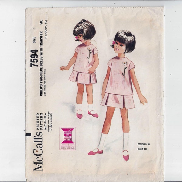 McCall's 7594 Pattern for Girls' 2-Piece Dress with Daisy Transfer & Camisole, Size 5, From 1964, Helen Lee Design, Home Fashion Sewing
