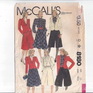 May include: McCall's sewing pattern number 8180 for size 10, bust 32 1/2 inches. The pattern includes four different styles of jackets and skirts, including a red skirt and jacket, a plaid skirt and jacket, a white skirt and jacket, and black culottes and jacket.