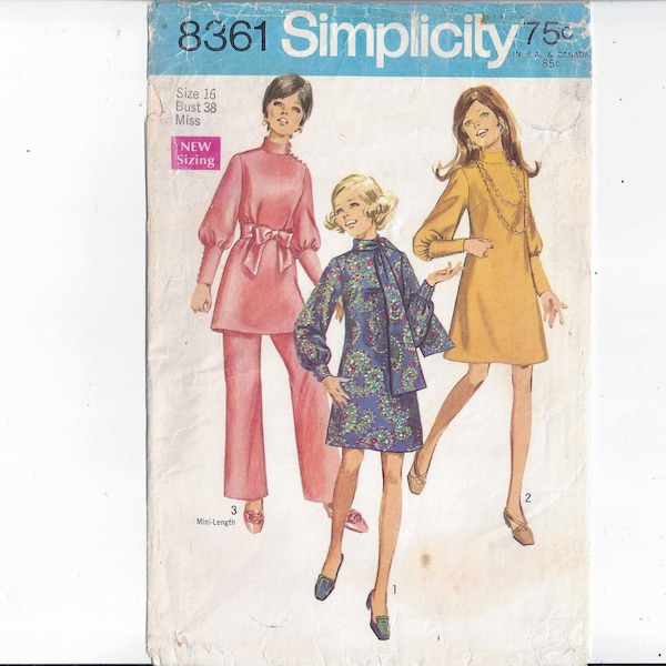 Simplicity 8361 Pattern for Misses' Dress in 2 Lengths, Scarf, Pants, Size 16, From 1969, Home Fashion Sewing