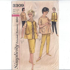 May include: Vintage Simplicity maternity pattern 3309. The pattern features illustrations of a woman wearing a yellow skirt suit with a matching vest and a striped top. The pattern also includes a woman wearing yellow trousers and a striped top. The bust size is 80 cm.