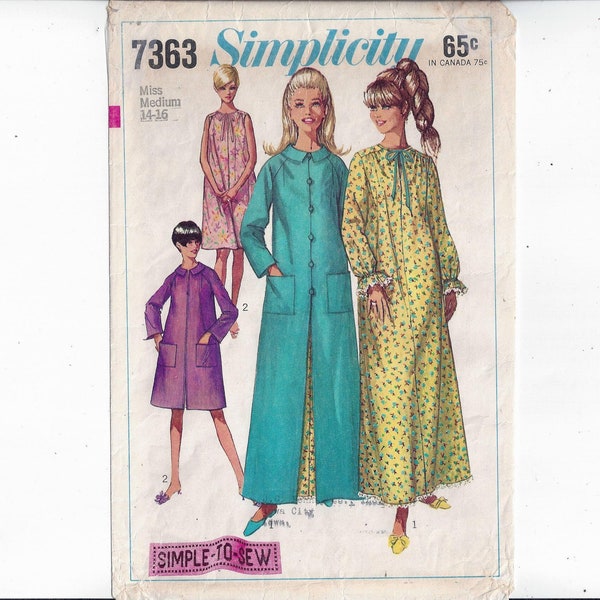 Simplicity 7363 Pattern for Misses' Robe, Nightgown in 2 Lengths, Size Med. 14 to 16, From 1967, Home Fashion Sewing, Sleepwear, Simple Sew