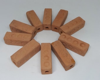 10 Pieces Red Terra Cotta Clay Rectangle Beads, 2.5 Inch Long, 15/16 Wide, Stamped Pattern, Hand Made, Jewelry, Art, Macrame, Craft Supply