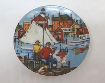 1985 AVON American Portraits Mini Plate, The East, 4.5 Inches Diameter, Fishing Village Scene, Collectible Plate, Decorator Use Only