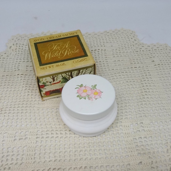 AVON To A Wild Rose Milk Glass Cream Sachet Jar with Christmas Box, Dried Content, Metal Lid Roses, From 1960s, Vanity Fragrance, Home Decor