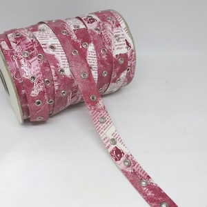 PINK Vinyl Newsprint Grommet Tape BY the YARD, 3/4 In. Wide, 1 In. Spaced Nickel Eyes, Toile Look, Lace Ups, Lingerie, Denim, Sewing Notions