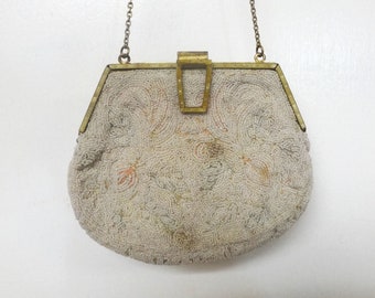 1920s Seed Beaded & Embroidered Evening Purse, Bag, Carved Lucite Frame and Latch, Lined with 1 Pocket, Mirror, Chain Handle, Fashion Purse