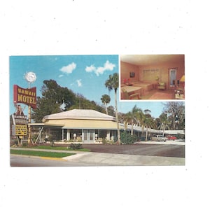 May include: Vintage postcard featuring the Hawaii Motel, showcasing a mid-century modern building with a sign. The image includes a smaller inset of a motel room. Palm trees and a blue sky with clouds are visible.