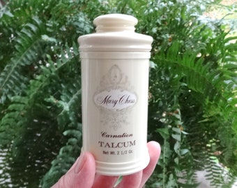 Mary Chess Carnation Perfumed Talcum Powder, 2.5 oz, About 1/2 Content, Vintage 1960s 1970s, Vanity Bathroom Decor, Fragrance Upcycle Supply