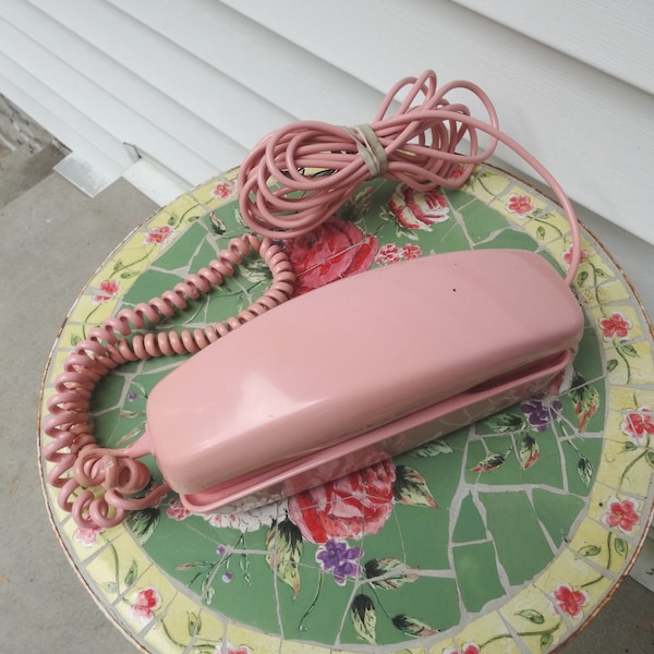 1972s PINK Trimline Rotary Dial Telephone with Curly Cord & Wall Cord, Western Electric Bell System, Home Decor, Vintage Technology, Upcycle